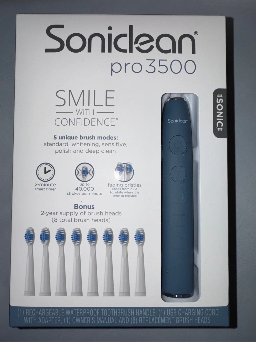 Soniclean Pro 3500, 5 Modes, 8 Brush Head replacements, NEW Navy Blue